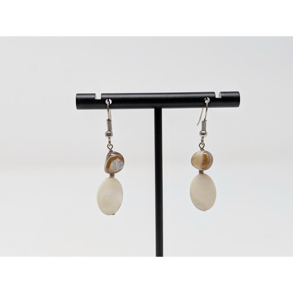 Silver Tone White Iridescent Bead Dangle Boho Pierced Earrings